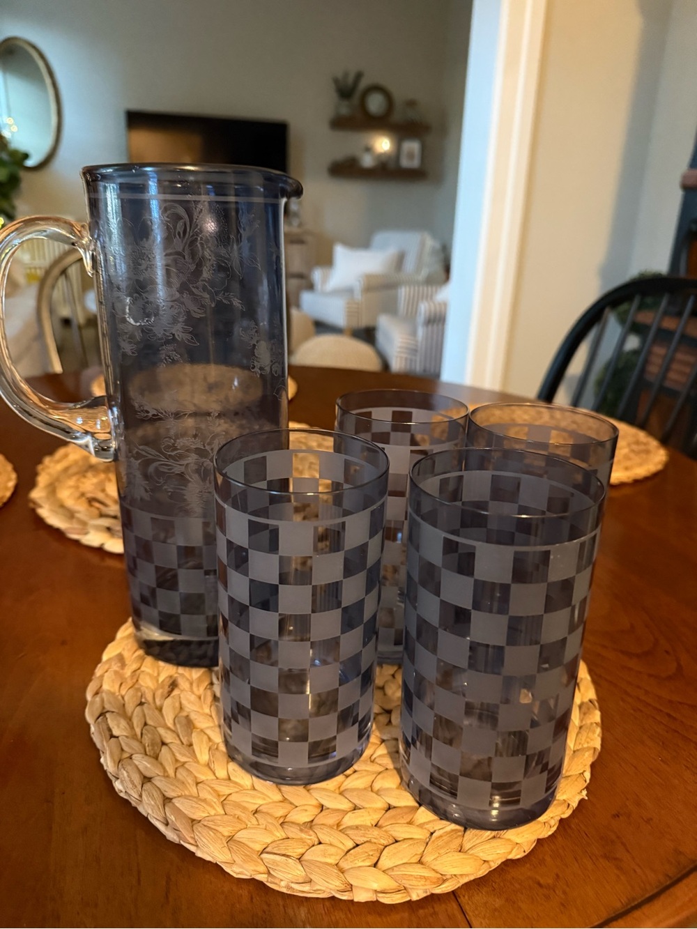 Mackenzie Childs Dashing Check Pitcher and Glasses Set